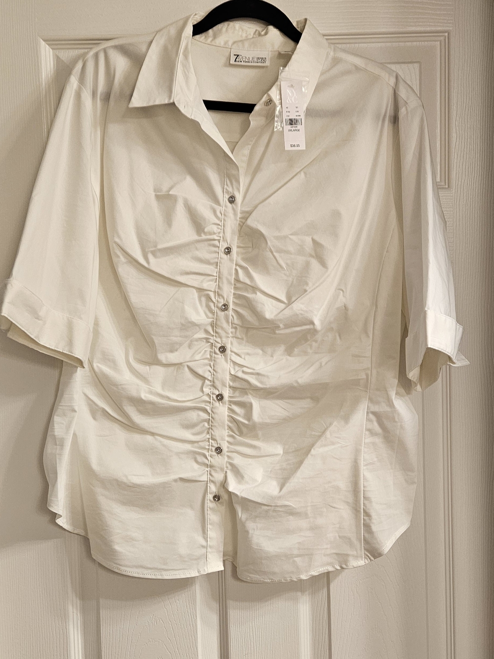 New York & Company White Ruched Button-Front Blouse